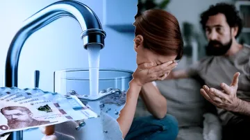 Woman crying from stress over rising water tariffs, man gesturing in argument; foreground shows water from tap and Ukrainian hryvnia bills, symbolizing financial loss