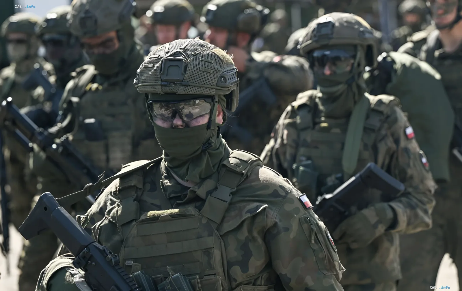 Polish soldiers in camouflage uniforms and armed at a military parade in Poland with NATO participation