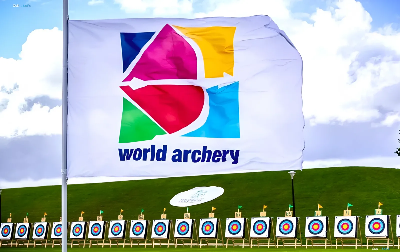 Флаг World Archery на фоне мишеней для стрельбы из лука, символизирующий отмену санкций против российских стрелков