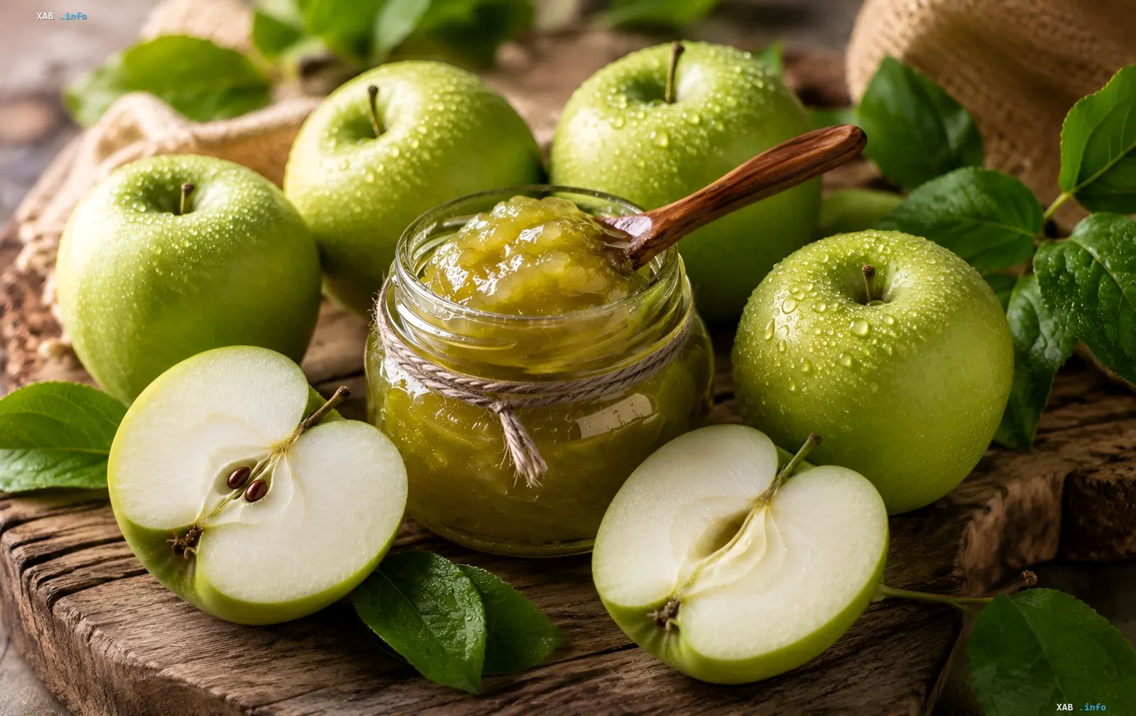 Glass jar of apple jam surrounded by fresh green apples and leaves on a wooden surface