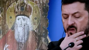 Ukrainischer Präsident Wolodymyr Selenskyj vor einer alten Ikone, die die Schaffung eines Registers nationaler Heiligtümer veranschaulicht