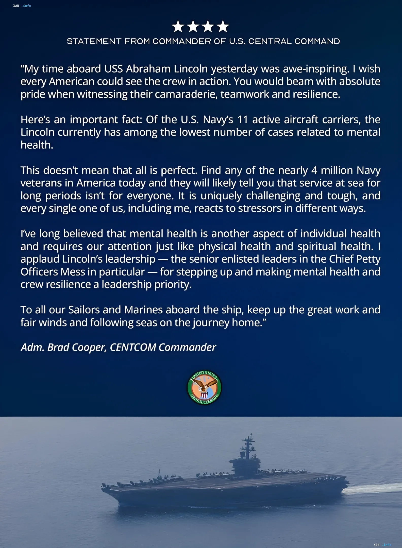 Statement by Admiral Brad Cooper praising the morale of the USS Abraham Lincoln crew and highlighting their low mental health incident rate
