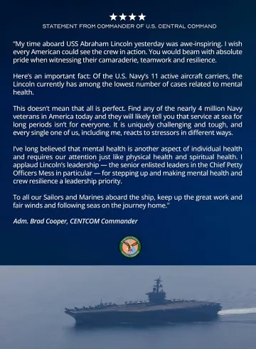 Statement by Admiral Brad Cooper praising the morale of the USS Abraham Lincoln crew and highlighting their low mental health incident rate