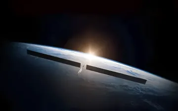 Спутник Starlink на орбите Земли с восходящим солнцем, символизирующий успех IPO SpaceX и рост инвестиций Алфавита