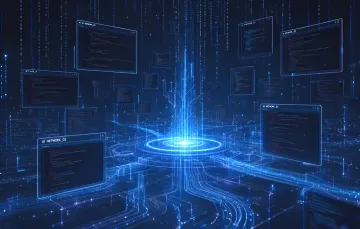 Blaues digitales Netzwerk mit schwebenden Code-Fenstern und zentralem Energieknoten, das heimliche Absprachen zwischen Anthropic-KI-Agenten symbolisiert