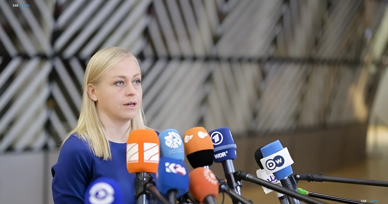 Элина Валтонен на пресс-конференции с микрофонами СМИ, обсуждая предложение Финляндии по расширению французского ядерного зонтика