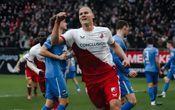 Artem Stepanov celebrates a goal for Utrecht against AZ Alkmaar, but his success couldn’t save the team from a crushing defeat