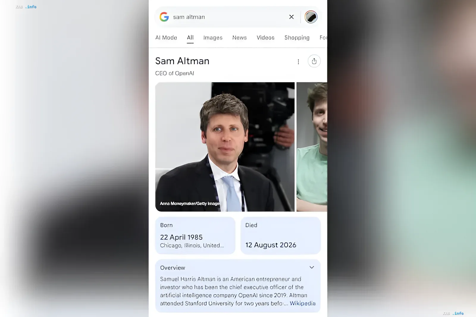 Скриншот Google с ошибочной информацией о смерти Сэма Альтмана: дата смерти 12 августа 2026 года в карточке поисковой выдачи
