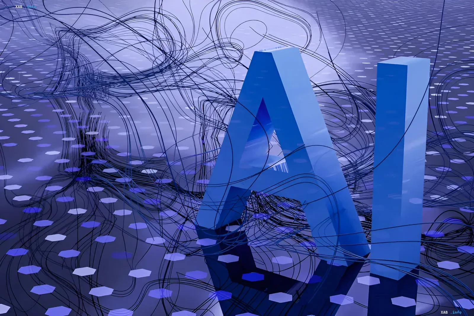 3D rendering of AI letters amid digital lines and hexagons, symbolizing the surge in .ai domain value