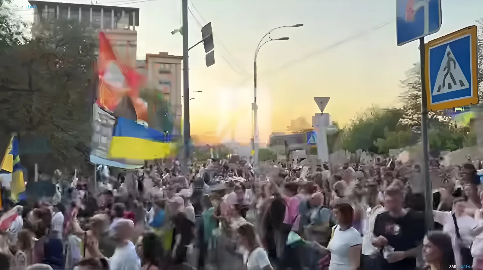 Многочисленная толпа участников «Картонного марша» с украинскими флагами на улице Киева в 32-й день протестов за возвращение Михаила Федорова