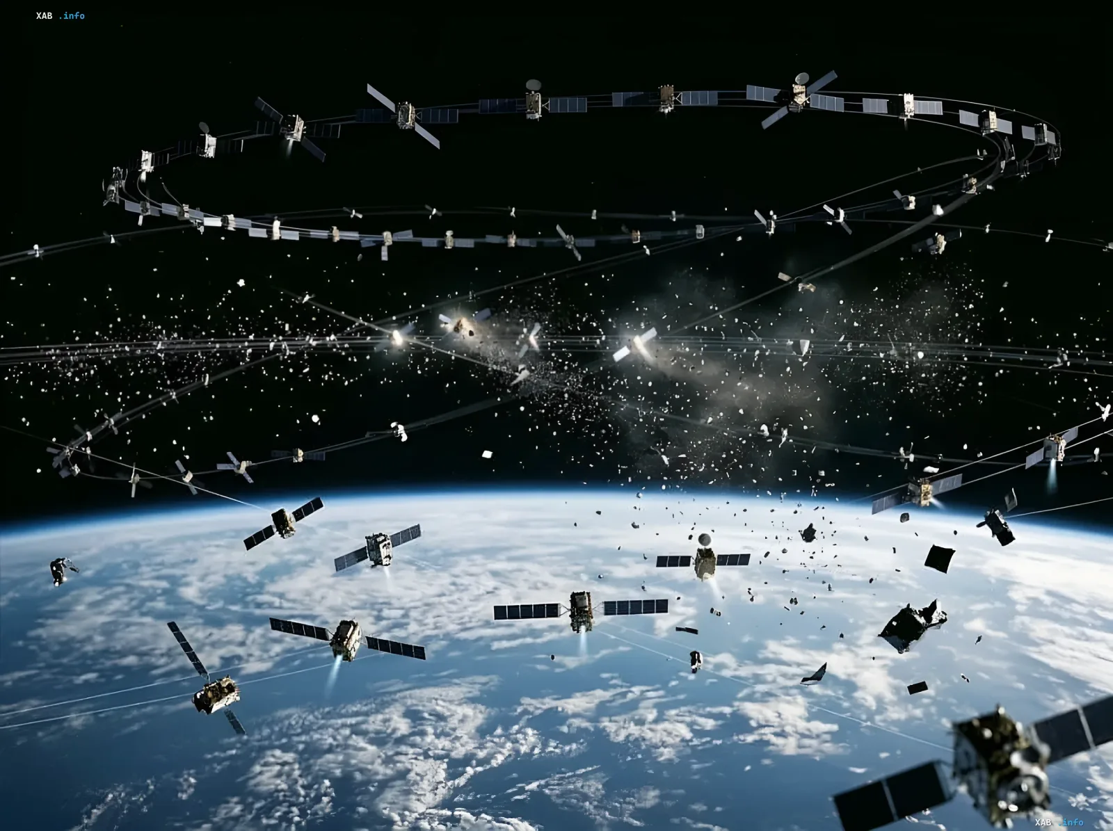 Weltraumschrott und Satellitenkollisionen auf der Erdumlaufbahn, die die Bedrohung einer Weltraumkatastrophe veranschaulichen