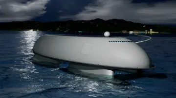 Schwimmendes Rechenzentrum Kraaken auf der Meeresoberfläche nachts, betrieben durch marine thermische Energie
