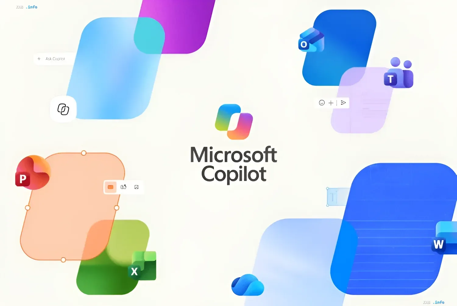Microsoft Copilot-Logo in der Mitte, umgeben von Office-App-Icons (Word, Excel, PowerPoint, Outlook, Teams), was die KI-Integration in eine einheitliche Schnittstelle symbolisiert