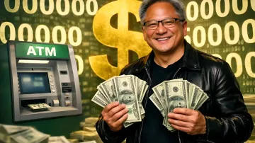 Дэвид Сакс с деньгами на фоне ATM и знака доллара, иллюстрируя предупреждение о пузыре вычислительных мощностей NVIDIA