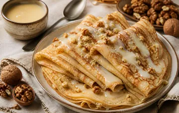 Традиционные блинчики, политые сгущенкой и посыпанные грецкими орехами, на тарелке с миской сгущенки и орехами вокруг