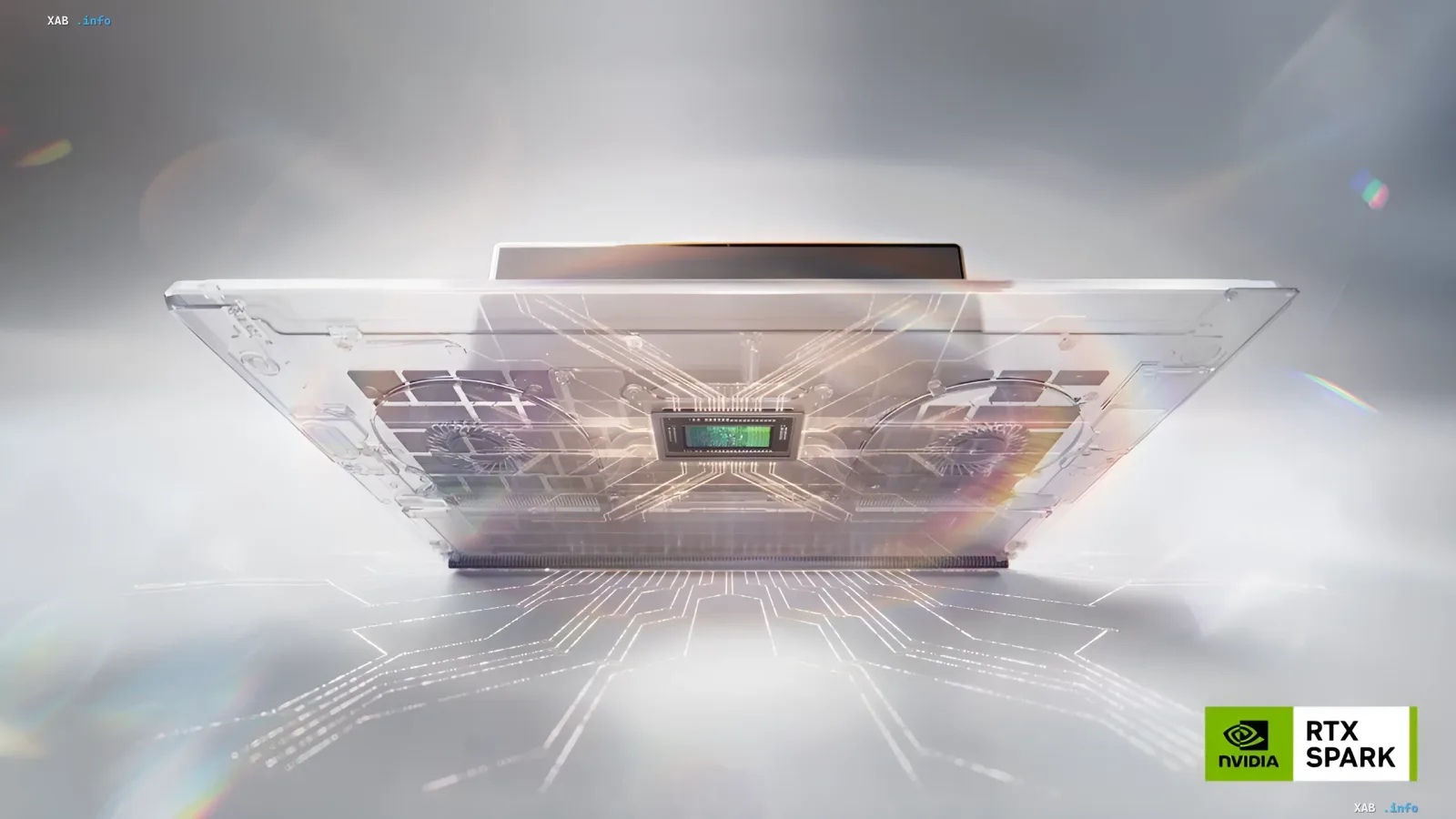 Conceptual image of an ASUS ProArt laptop with a transparent chassis showcasing the internal architecture featuring the NVIDIA RTX Spark chip and cooling system, presented in a futuristic 2026 style.