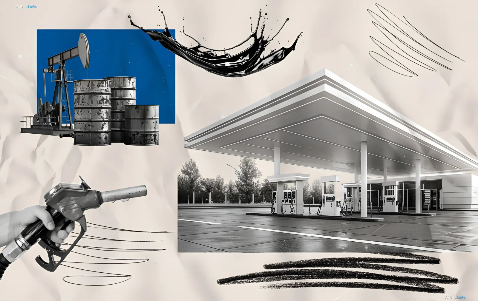 Collage mit einer Tankstelle, einer Ölpumpe und einer Zapfpistole, das Thema Kraftstoffpreise und Ersparnisse veranschaulichend