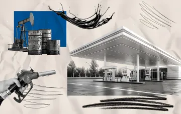 Collage mit einer Tankstelle, einer Ölpumpe und einer Zapfpistole, das Thema Kraftstoffpreise und Ersparnisse veranschaulichend