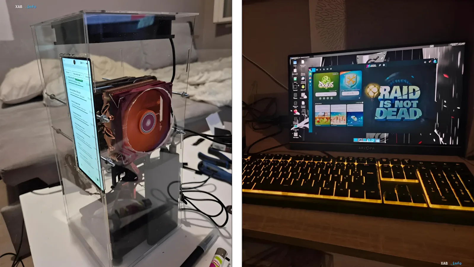 Nubia Z70 Ultra smartphone in a transparent case with a dual-tower cooling system, connected to a monitor for playing The Witcher 3