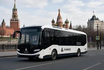 Weißer autonomer KAMAZ-Bus mit der Aufschrift 'Autonom Fahrbereit' fährt in Moskau vor dem Kreml und der Basilius-Kathedrale