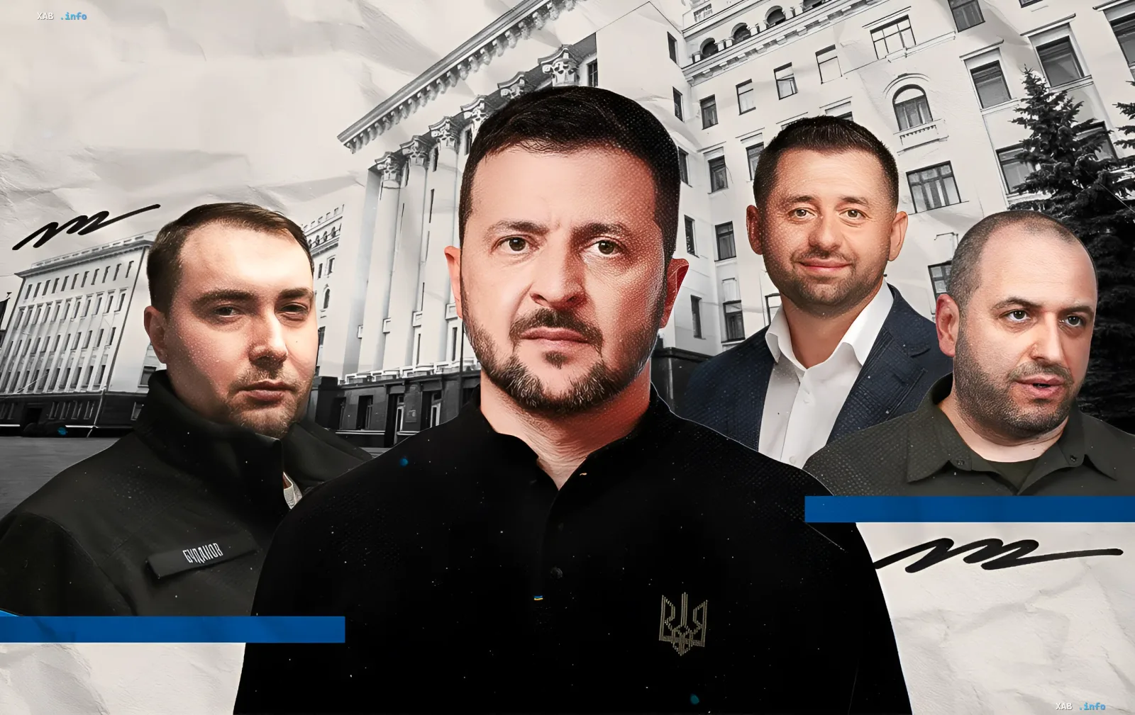 Президент Украины Владимир Зеленский в центре композиции с Сергеем Арахамией, Александром Умеровым и Кириллом Будановым на фоне административного здания — символ перераспределения власти после ухода Ермака