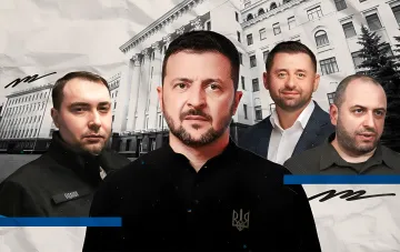Президент Украины Владимир Зеленский в центре композиции с Сергеем Арахамией, Александром Умеровым и Кириллом Будановым на фоне административного здания — символ перераспределения власти после ухода Ермака