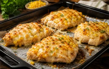 Золотистые куриные стейки с кукурузой и расплавленным сыром, приготовленные по рецепту Анастасии Царловой