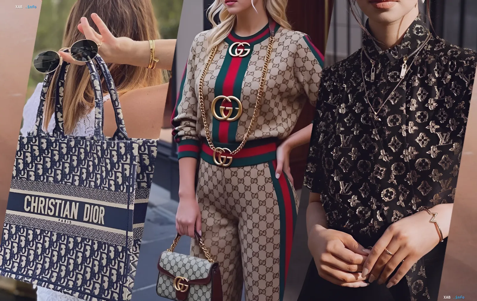 Коллаж моделей в одежде и аксессуарах с крупными логотипами брендов Dior, Gucci и Louis Vuitton, иллюстрирующий тренд логомании.