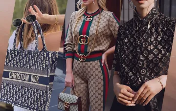 Коллаж моделей в одежде и аксессуарах с крупными логотипами брендов Dior, Gucci и Louis Vuitton, иллюстрирующий тренд логомании.
