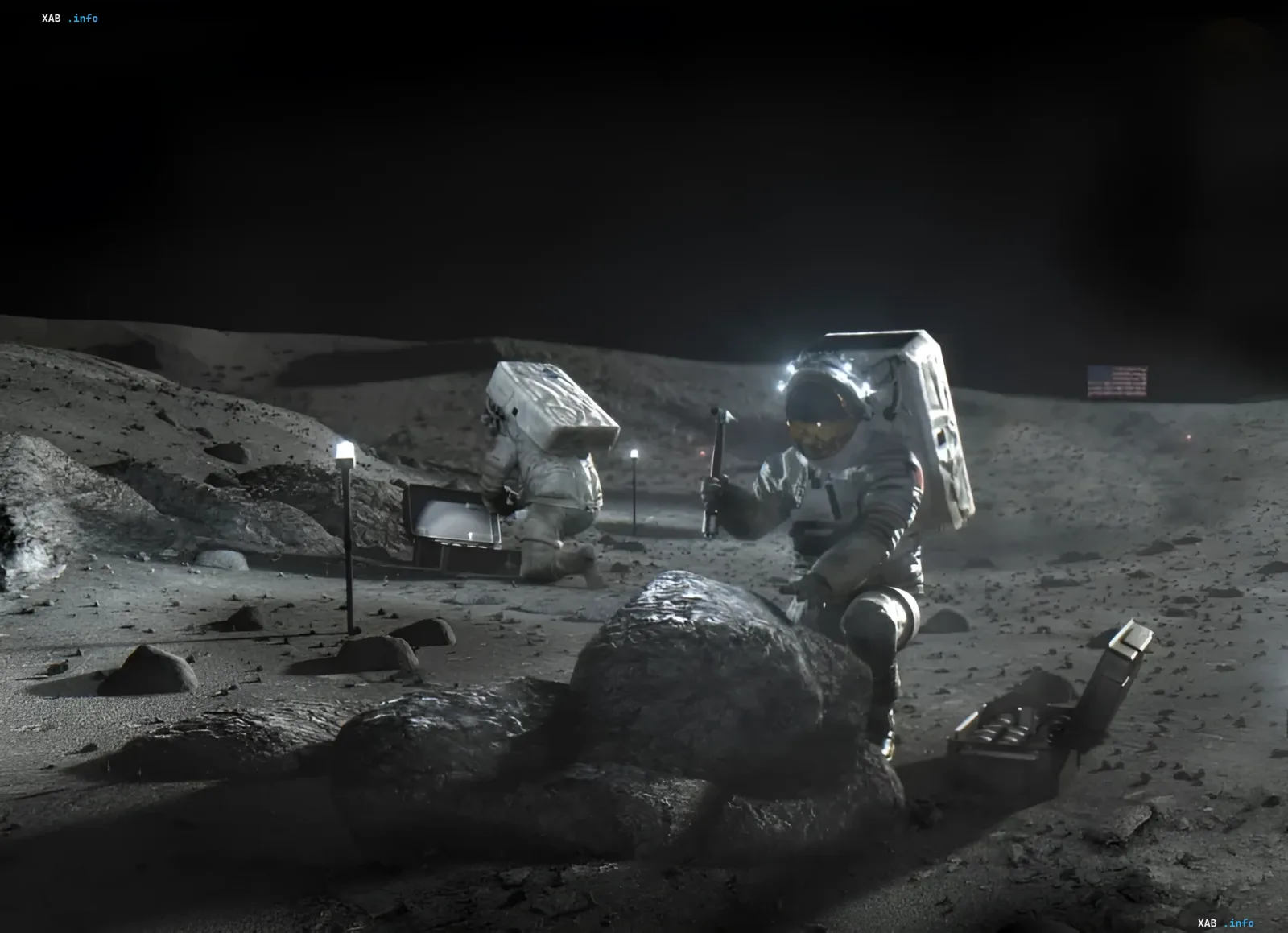 Астронавты NASA в скафандрах Артемиды изучают лунную поверхность, символизируя медицинские риски долгосрочного пребывания на Луне