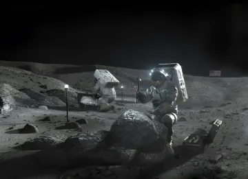 Астронавты NASA в скафандрах Артемиды изучают лунную поверхность, символизируя медицинские риски долгосрочного пребывания на Луне