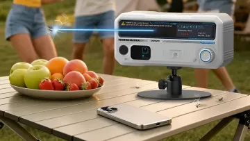 Устройство Photon Matrix с лазерным лучом уничтожает комара над столом с фруктами на пикнике