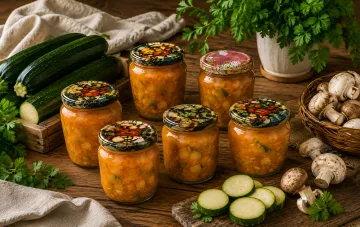 Банки с салатом из кабачков и грибов в соусе сацебели, готовым к заготовке на зиму 2026, на деревянном столе с свежими овощами