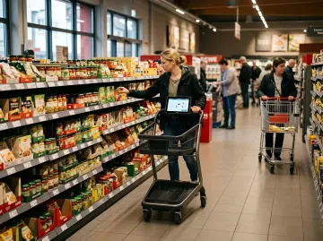 Покупательница в немецком супермаркете использует умную тележку с планшетом для цифрового шопинга, что согласно исследованию 2025 года увеличивает расходы на 32%