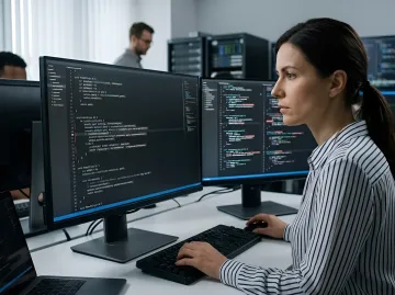 Developer analyzing code on monitor, illustrating vulnerabilities in AI-generated code per Veracode report