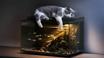 Серо-белый кот спит на крышке умного аквариума Xiaomi Mijia Smart Fish Tank 2 Pro, в котором плавают рыбы