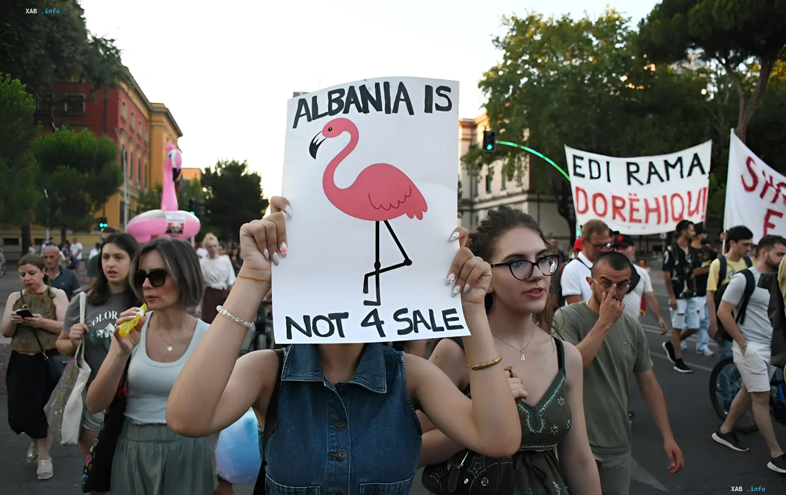 Демонстрант держит плакат с розовым фламинго и надписью 'ALBANIA IS NOT 4 SALE' на фоне массовых протестов в Албании