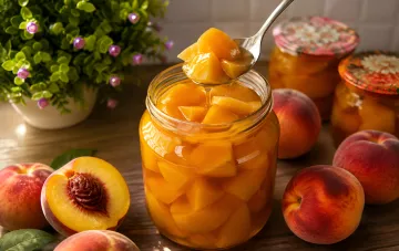 Стеклянная банка с персиками в желе, ложка поднимает кусочки фруктов, вокруг свежие персики и зелень
