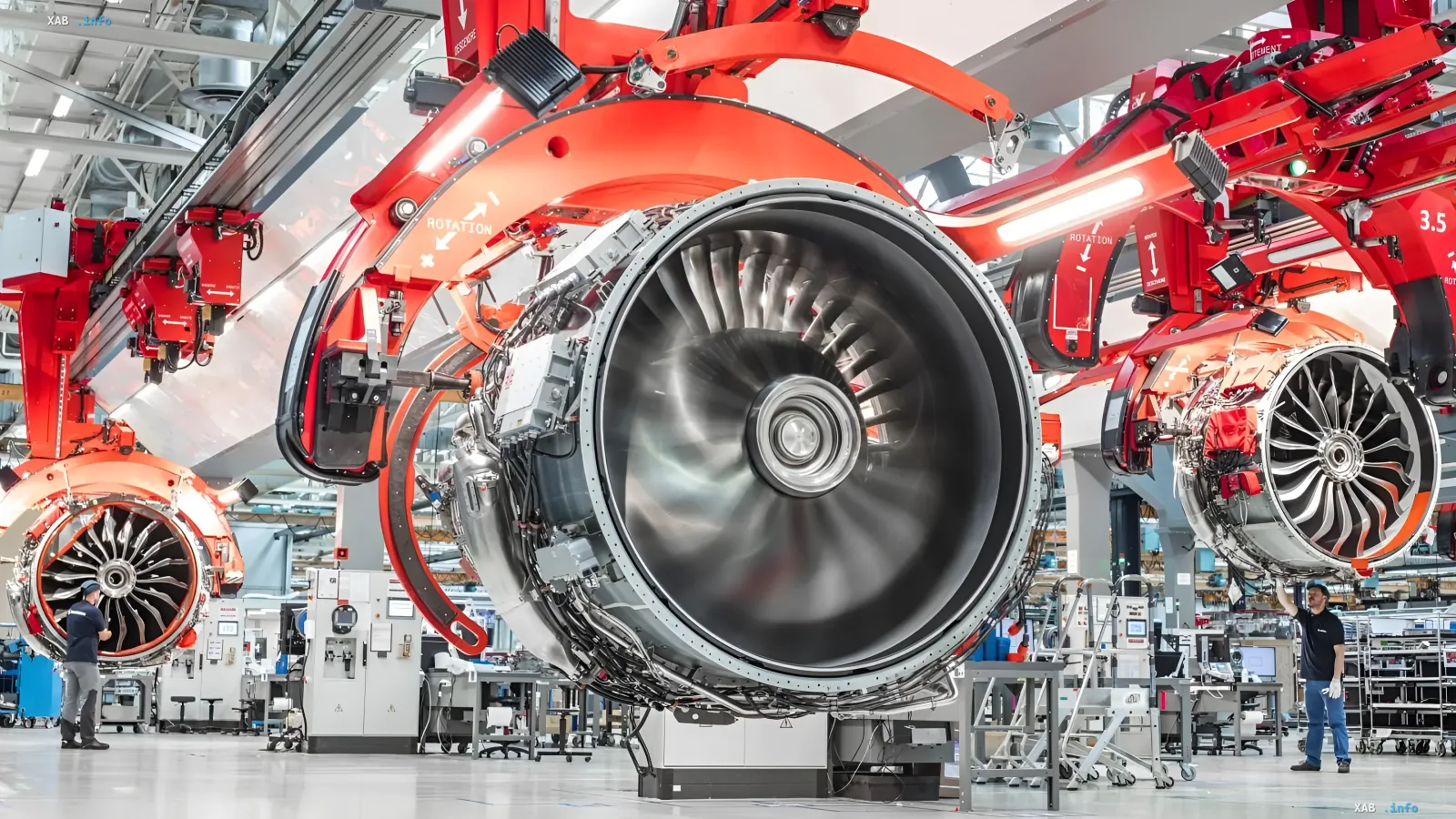 Montage eines experimentellen Rolls-Royce Flugzeugtriebwerks mit 100% Wasserstoffantrieb in einer modernen Produktionshalle