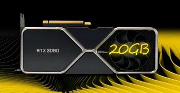 Модифікована відеокарта NVIDIA GeForce RTX 3080 з збільшеним обсягом пам'яті до 20 ГБ, представлена на фоні абстрактних жовтих ліній