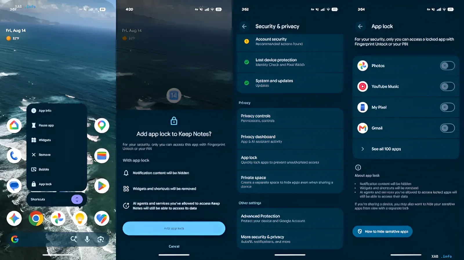 Скриншоты интерфейса Android 17 QPR2 Beta 3, демонстрирующие процесс настройки нативной блокировки приложений (App Lock) для Google Keep Notes через системные настройки безопасности
