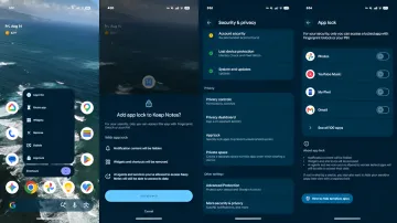 Скриншоты интерфейса Android 17 QPR2 Beta 3, демонстрирующие процесс настройки нативной блокировки приложений (App Lock) для Google Keep Notes через системные настройки безопасности