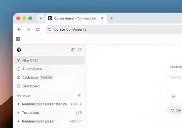 Интерфейс Cursor Agent с вкладками Automations, Codebase и Dashboard, демонстрирующий новую платформу Origin для кода и слияний