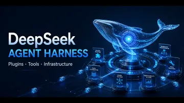 Концептуальная иллюстрация DeepSeek Agent Harness с голографическим китом и модулями плагинов, инструментов и инфраструктуры