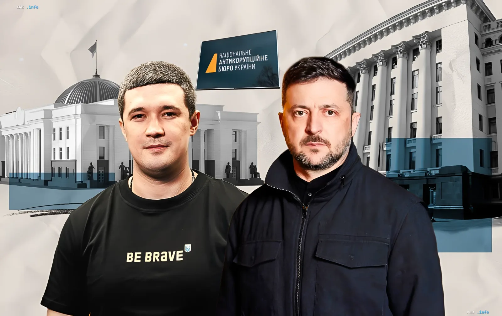 Михаил Федоров и Владимир Зеленский на фоне Национального антикоррупционного бюро Украины — визуализация политического фальстарта