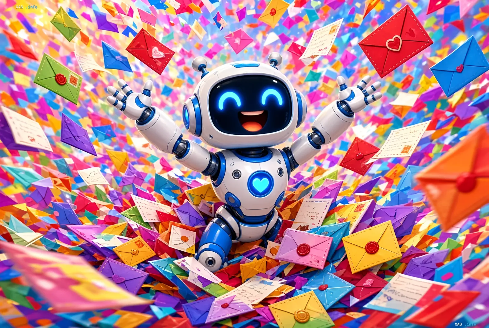 Joyful robot amid flying colorful letters — metaphor for AI processing millions of messages after Google acquires Spirit Airlines database