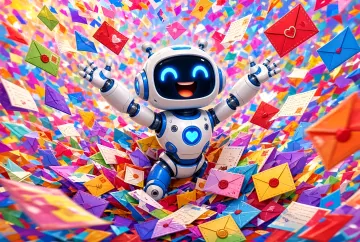 Joyful robot amid flying colorful letters — metaphor for AI processing millions of messages after Google acquires Spirit Airlines database