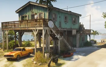 Скріншот із GTA VI: дім на стовпах у штаті Леоніда з жовтим класичним автомобілем та персонажем на балконі