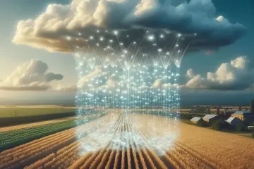 Illustration von künstlichem Regen über landwirtschaftlichen Feldern in Zentralasien, die den Kampf gegen Dürre in Kasachstan und Usbekistan symbolisiert