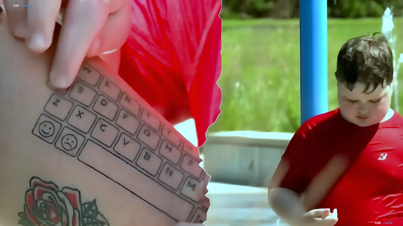 QWERTY-Tastatur-Tattoo auf dem Arm einer Mutter neben ihrem nichtsprachigen autistischen Sohn in rotem T-Shirt